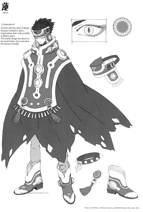 towerofpride:Ren Design Notes - DRAMAtical Murder Official WorksThe kanju (紺珠) mentioned on the third page is a dark blue gem said to allow one to recall memories when it’s stroked.  Holy crap the comments. Holy shit the early versions omfg (is