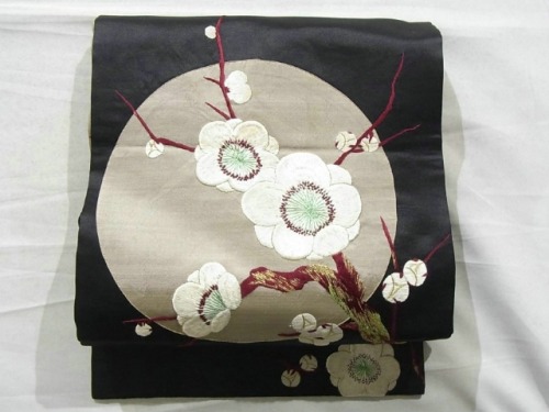 Moonlit plum blossoms, dreamy vintage obi with impressive embroidery work over silvery silk appliqué