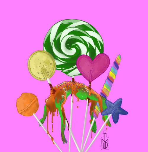 a drawing of a woman with bright green skin, mottled purple in places as if rotting. She is surrounded by six lollipops, and the sticks of three of them have pierced through her body, impaling her and holding her torso up while her arms and legs dangle down. There is blood smeared on the lollipop sticks, and blood drips down beneath her. She is covered in caramel sauce which also drips down her body and over her face, covering it. The sauce is topped with rainbow sprinkles, but maggots cluster underneath it on her chest and stomach. There are six lollipops in all. Left to right: an orange sphere, a yellow flat oval, a large green and white peppermint swirl, a pink heart, a long rainbow swirl which passes between her legs, and a blue star. All of this is against a bubblegum pink background.
