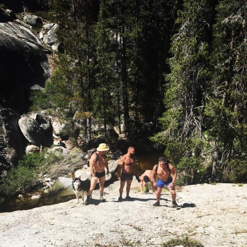 bubbabear-and-daddycubby:All of us in our undies climbing the hill to a new waterhole.
