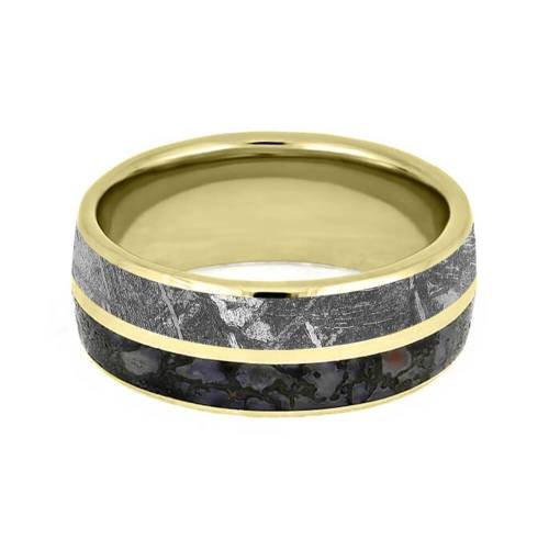 Dinosaur bone, meteorite, and gold men&rsquo;s wedding band (at Johan)