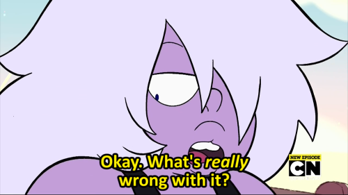 chefpyro:I like this little moment. Because it shows that Amethyst understands Peridot. She knows at this point that Peridot is simply bitter and irritable in nature, and not to hold it against her. She asks a question, Peridot responds with a bitter