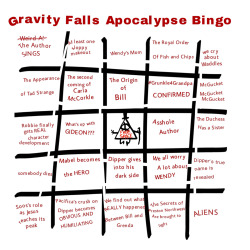 thewittyarsonist:GATHER ROUND CHILDREN!!! In preparation for the upcoming torment I’ve devised a little game we can play when it finally gets here.GRAVITY FALLS APOCALYPSE BINGO!oh my god this is great