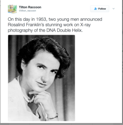 jordanparrished: arcadiasilver:  fromchaostocosmos:  suricattus:  Caption:  “On this day in 1953, two young men announced Rosalind Franklin’s stunning work on X-ray photography of the DNA Double Helix.” Internet: We saw what you did there, and