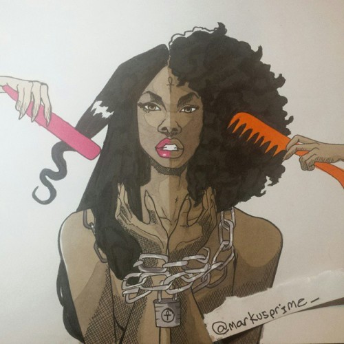 fyblackwomenart:  by @ markusprime_ Artist Note: There’s nothing wrong with straight hair. It’s wrong that you have to feel like the way it came out of your hair is wrong. You have a choice.
