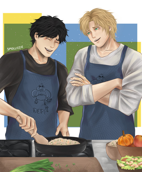 eiji is teaching ash how to cook…and has also surprised him with a pumpkin :’)this took me so