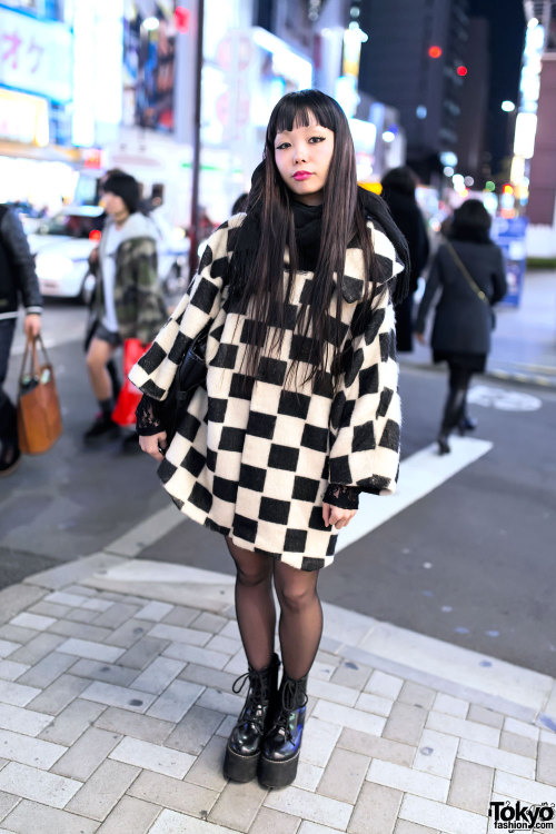 tokyo-fashion:  Appy on the street in Harajuku at night with a resale checkered coat, Vivienne Westwood bag & Murua platform boots. Full look.