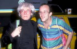 twixnmix:  Andy Warhol and Keith Haring arrive at the Palladium nightclub to celebrate Mick Jagger’s 42nd birthday on July 26, 1985.Photos by Ron Galella 