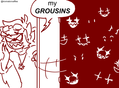 The third part of a five-part comic. Grian flashes an evil smile and finishes what he was saying in the past part, "my GROUSINS" as he pulls the door open fully. There are flashes of eyes and teeth behind the door.