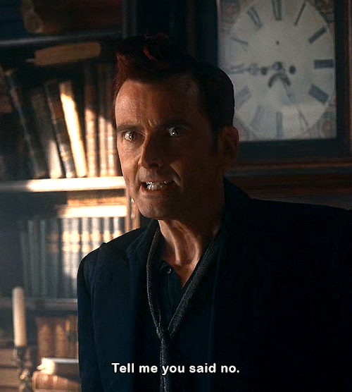 Gif 1/6: Crowley looks very angry and tense as he says: "Tell me you said no."