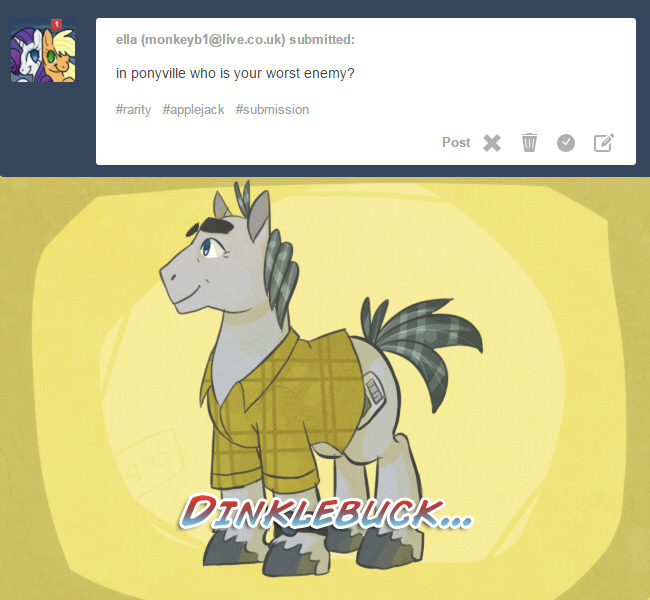 ask-rarijack:Rarity: &ldquo;He’s so…&rdquo;Applejack: ”Arrogant!