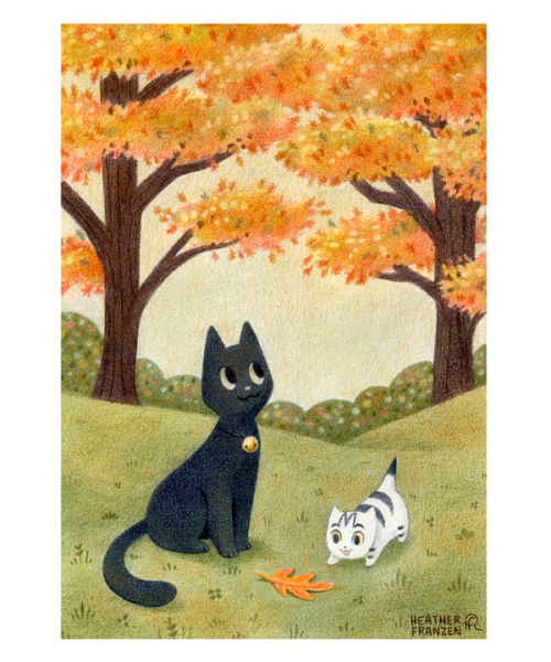 heatherfranzen:“The First Leaf of Autumn” watercolor + colored pencil, 5x7 inchesFeaturing my cats f