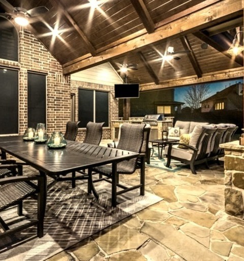 Dallas Farmhouse Patio Ideas For A Mid-sized, Country-backyard Kitchen Renovation With A Roof Addition