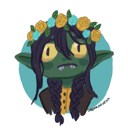 genderliquid:dreamsolvent:O-O[ID: cute stylised digital art of a bust of Nott the Brave. She is wear