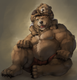 ralphthefeline:  A single burly brown bear dad was giving his little son piggyback ride until he fell asleep on his head~ Be careful, you wouldn’t want to wake up a sleeping bear~ they are dangerous~ &gt;:D 