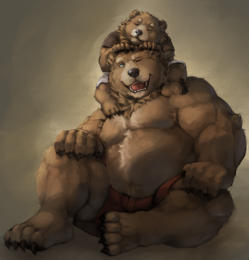 ralphthefeline:  A single burly brown bear dad was giving his little son piggyback ride until he fell asleep on his head~ Be careful, you wouldn’t want to wake up a sleeping bear~ they are dangerous~ >:D 