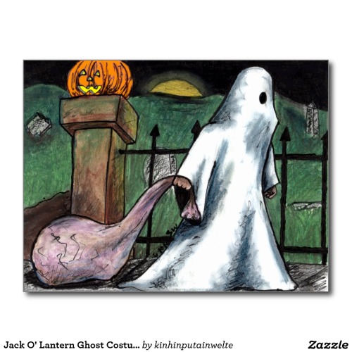 Jack O’ Lantern Ghost Costume Cemetery Candy Postcard - $1.10 Made by Zazzle Paper Vintage Hal