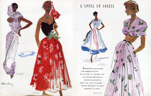 1949 illustration by Pierre Simon left-right, Mad Carpentier, Molyneaux, Hermes, Lafaurie