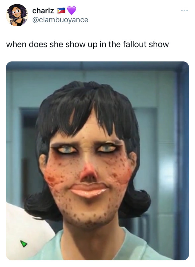 a tweet by user @clambuoyance that reads: "when does she show up in the fallout show" and shows a headshot picture of The Final Pam, the main character of a Monster Factory YouTube series