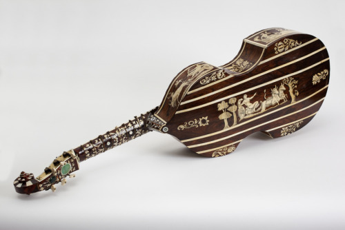 Joachim Tielke, Bass viol, 1700. Rosewood back and pine soundboard, engraved ivory, inlaid tortoises