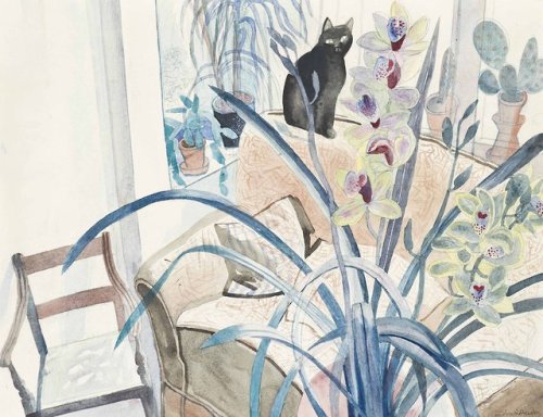 Cat and an Orchid, 1987 by Edward Bawden pencil and watercolour 19 x 25 in. (48.2 x 61 cm.) The arti