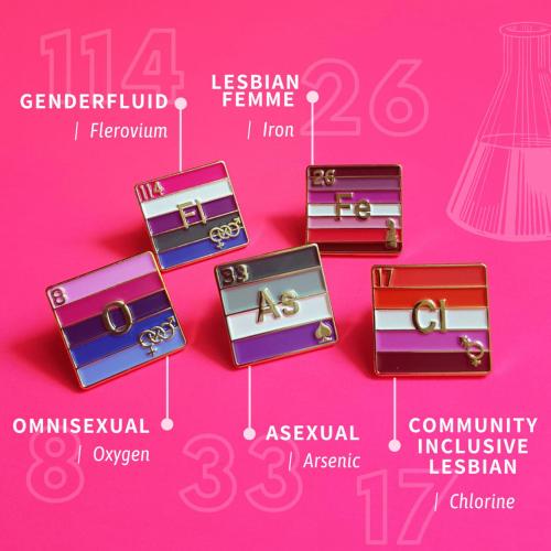 ghost-postables:viterant:sosuperawesome:Queer Chemistry Pride Pins / Stickers / Patches / T-ShirtYas