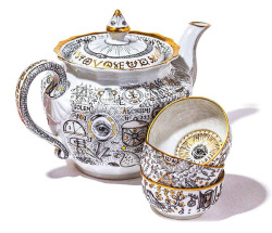 oldladycallowaysghost:  “  Alchemy porcelain   ‘ by   Darya Kuznetsova  Hand made, witchy teapot, cups and saucers featuring her own calligraphy! 