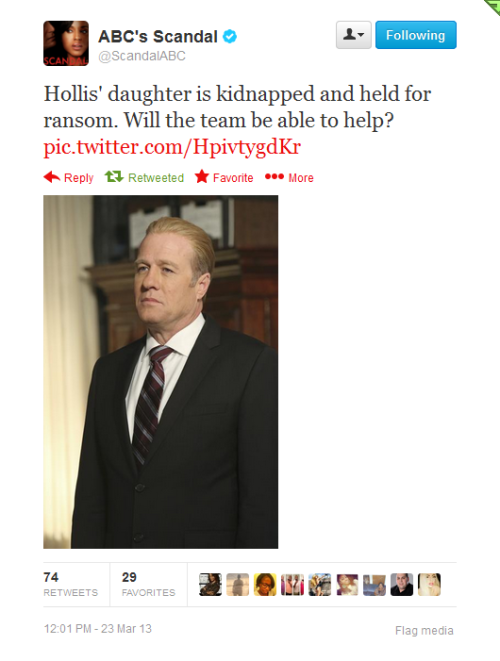 @ScandalABC - Hollis&#8217; daughter is kidnapped and held for ransom. Will the team be able to help? pic.twitter.com/HpivtygdKr