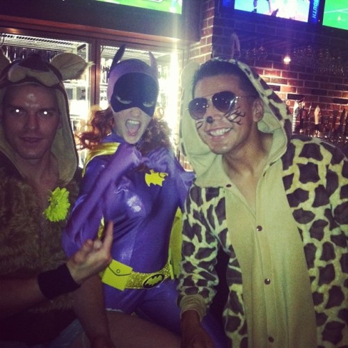 melodiegore:  My awesome friends Danny giraffe and Pete bear! #costume #funny # batgirl # fury #misstheseguys