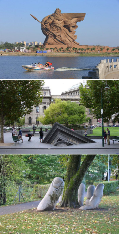 mizjesbelle: nonjudgementalme: These are fucking amazing The figure swinging the earth –   The Force Of Nature by Lorenzo Quinn   The guy being dragged by a bird – part of an installation titled Hacienda Paradise – Utopia Experiment by Fredrik