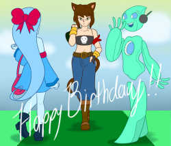 dannie-20nine:  Happy Birthday @captaintaco2345!!I hope you had a great one!!  @dannie-20nine drew me this fantastic peice featuring my OC&rsquo;s (Abby, Yuko, and Andromeda) for my birthday! Thanks so much!!!