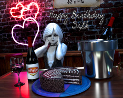 rivaliant:  Daz Studio 4.7 - Reality 2.5 - LuxRender 1.4RC2Another year goes by and Silk celebrates another birthday.Couldn’t get everyone in the image this time, but I figure her with her fancy Dr Pepper and the awesome looking cake she so loved last