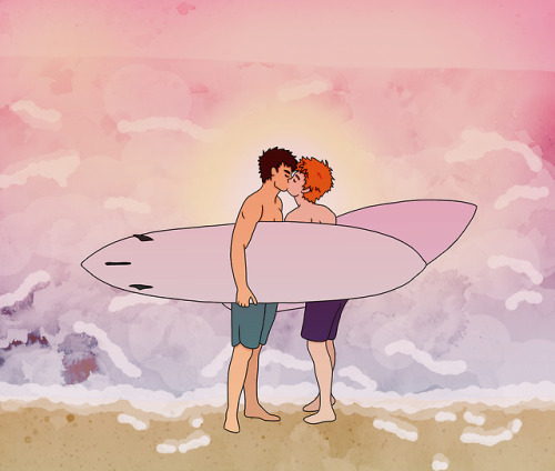 scorpiusdrawicus: Just two surfers smooching on the beach. This is for day 6 of AbeMiha week @oofuri