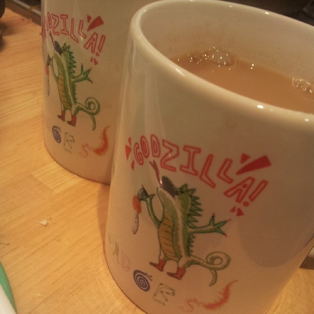 When @paperfables and I did some mug designs together! Nice relaxing #godzilla #illustration with your #tea :)