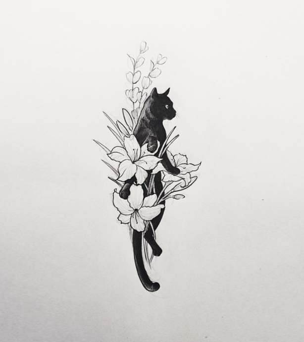 Geometric Tattoos — Cat In A Flower Bouquet. Tattoo Artist: Doy