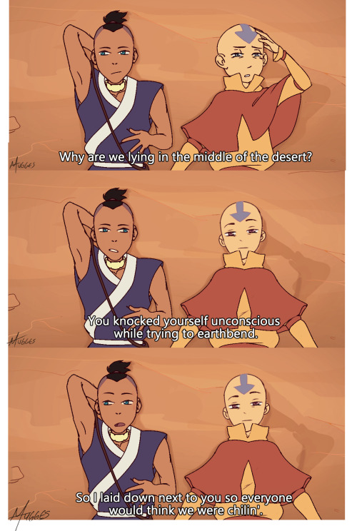 helenspirals: mugges: just two dudes being bros [image description: A short comic of Aang and Sokka 