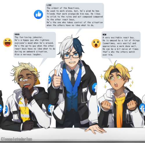 The Reaction7 The current main FB Reactions panel as anime boys (why not haha). They work under Miss