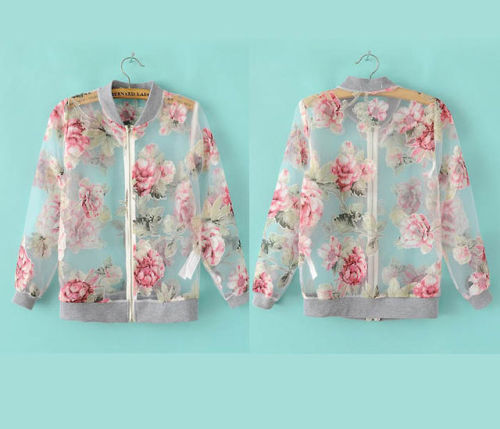 poorgirlsclub: Sheer Floral Letterman - $9.99 + shipping Sizes S-L