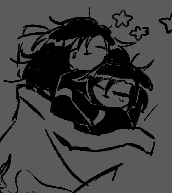 a doodle of falke and adler sleeping and cuddling in bed together