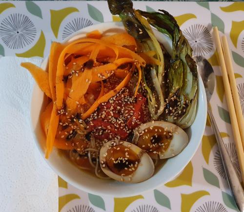 Veggie miso ramen (w/ roasted tomatoes, sour bokchoy, fresh carrots &amp; nitamago)