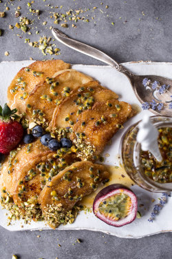 do-not-touch-my-food:  Lemon Ricotta Stuffed Syrian Pistachio Pancakes with Lavender Passionfruit Syrup