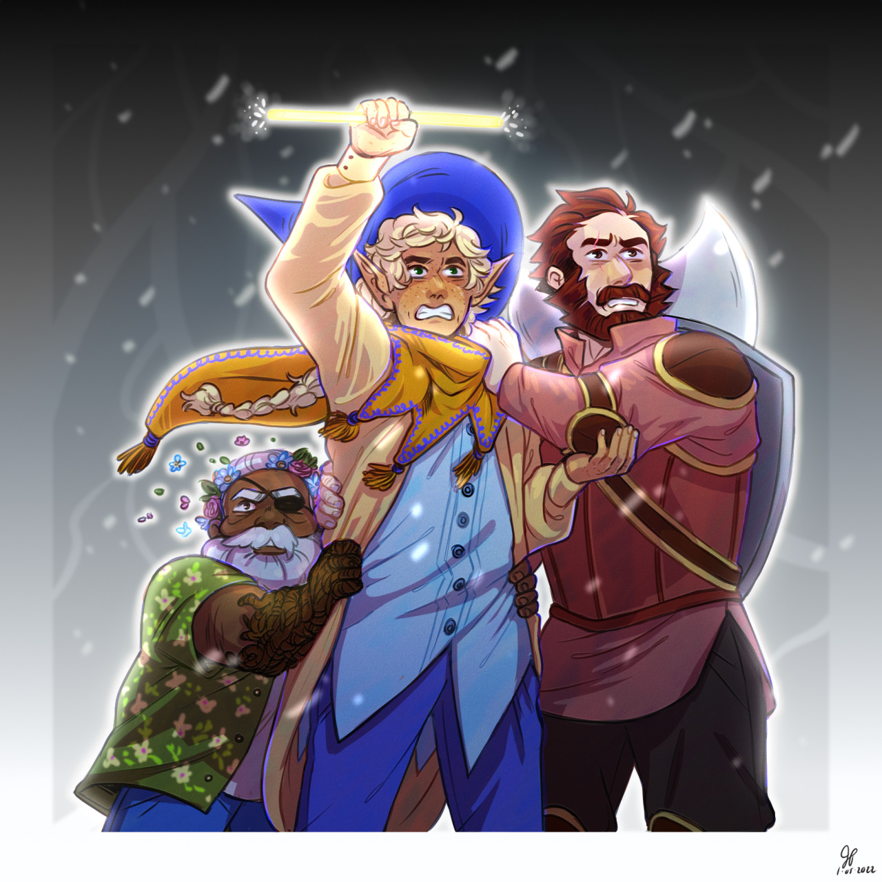 herbgerblin:FID: Digital art of Merle, Taako, and Magnus. Merle is an older male