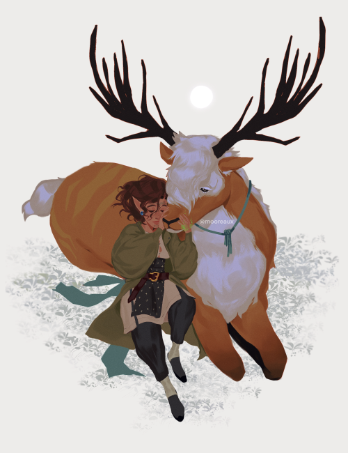 mooreaux:couldn’t decide on a warmup today, so i ended up coloring an old sketch I had sitting in my WIP folder with Sasha and her red hart, Sandstone. bc who needs romance when u have a big deer 