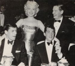 audreyandmarilyn:  Marilyn Monroe with Dean Martin, Jerry Lewis and Milton Berle at the Friars Club Testimonial Dinner, 11th March 1955.  