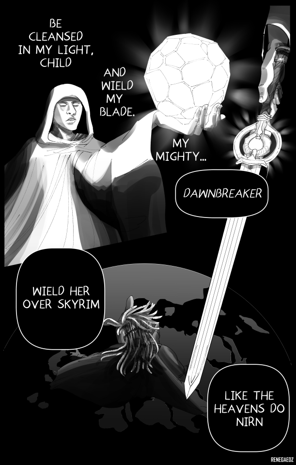 A continuation of the previous page, showing Meridia holding her beacon up, and presenting her sword, Dawnbreaker. The final panel shows Taniin floating above the world, looking down at the planet Nirn. Meridia's dialogue reads: "Be cleansed in my light, child. And wield my blade. My mighty Dawnbreaker. Wield her over Skyrim, like the heavens do Nirn." 