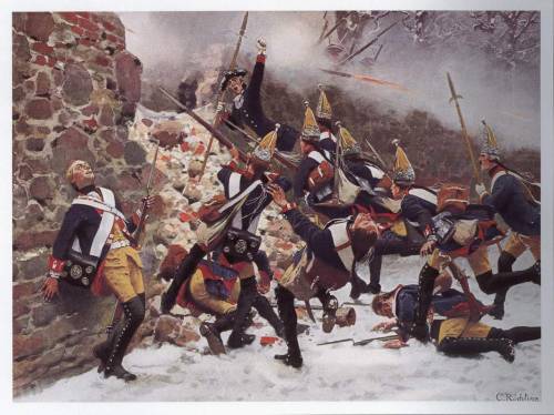 peashooters-personal:finbar800:Prussian troops during the Battle of Leuthen, 1757 by Carl Rochling.P