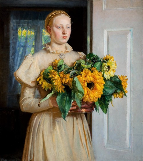 peaceinthestorm: Michael Ancher (1849-1927, Danish) ~ Pigen med solsikkerne / Girl with Sunflowers, 