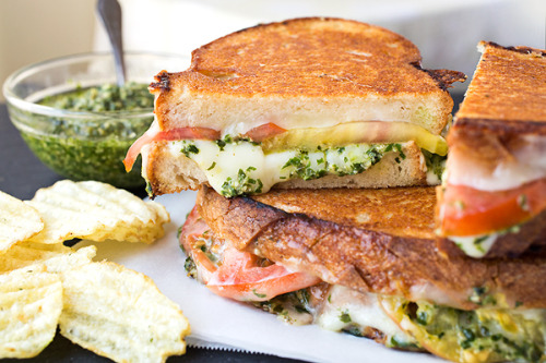 Recipe: Tomato & Pesto Grilled Cheese with Melted Provolone & Mozzarella Cheeses