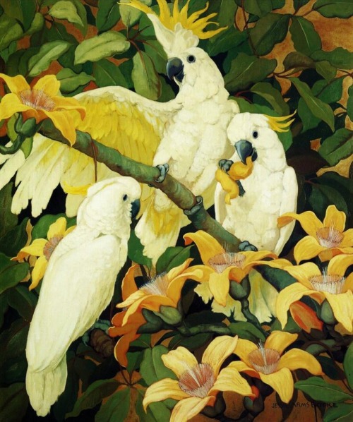 Paintings by Jessie Arms Botke (1883-1971):Demoiselles Cranes and LotusBlue Peacocks in a Golden Bac