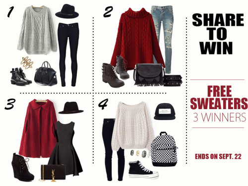 sheinsidefashion:  ✿✿✿Win Free Fall Sweaters✿✿✿  Sheinside’s sweater meets the coming season, will you join the trend?  Which one is your must-have? You can get whichever comfy sweater in the picture for free now! The links of the four